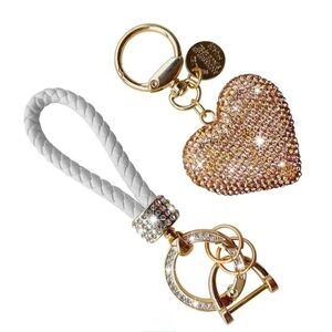 Elegant Gold and White Heart Bag Charm Keychain NWT